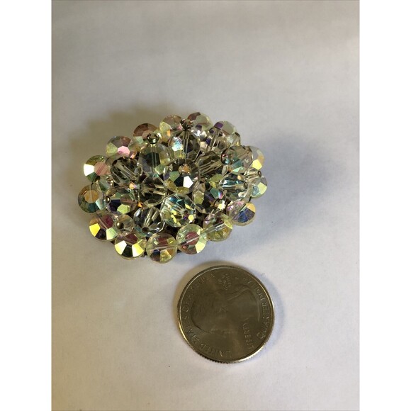 VTG.RETRO IRIDESCENT AURORA BOREALIS MULTI FACET CRYSTAL BEAD OVAL 2” BROOCH - Picture 7 of 7